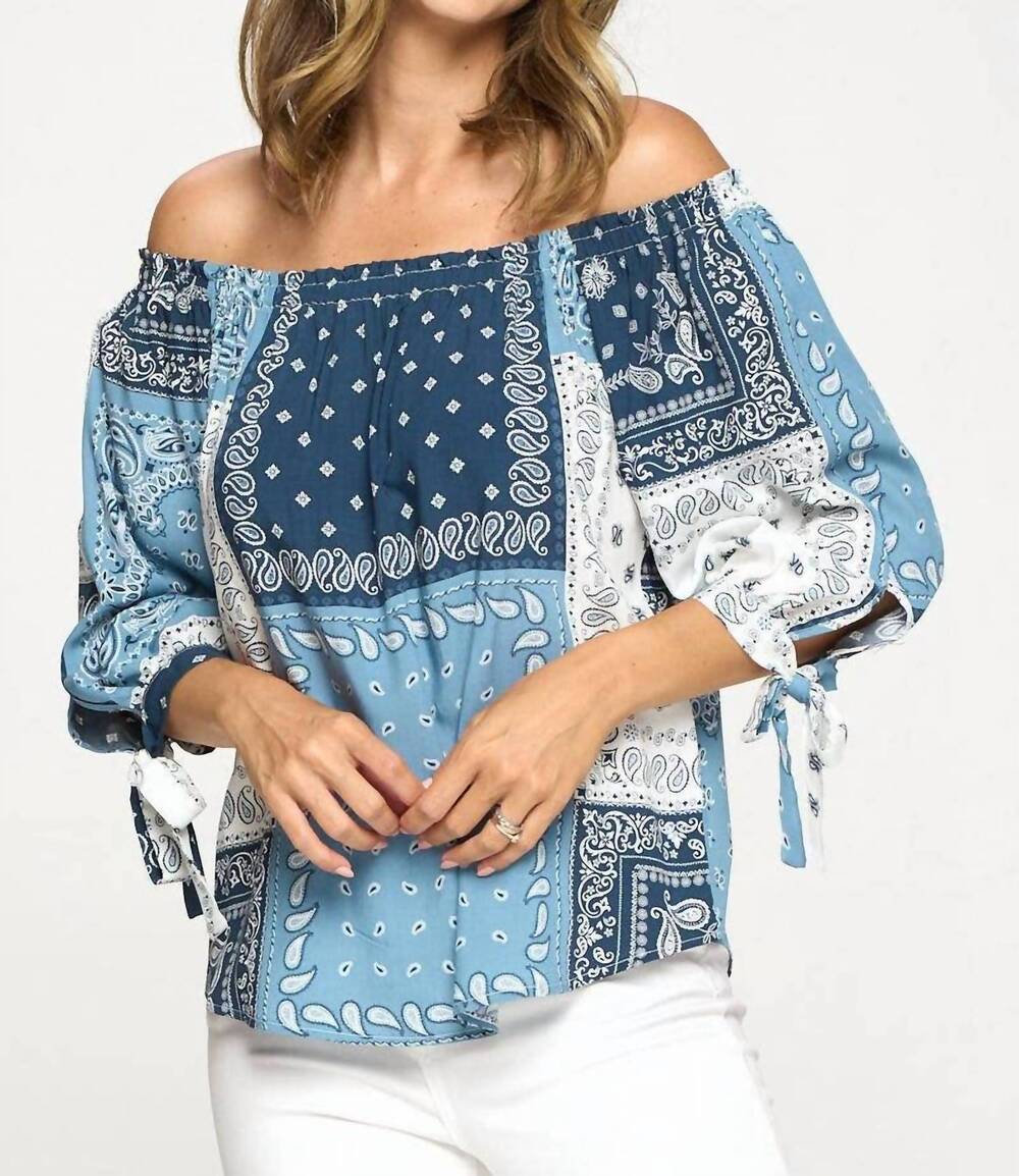 NEW RENEE C bandana print off the shoulder top in blue